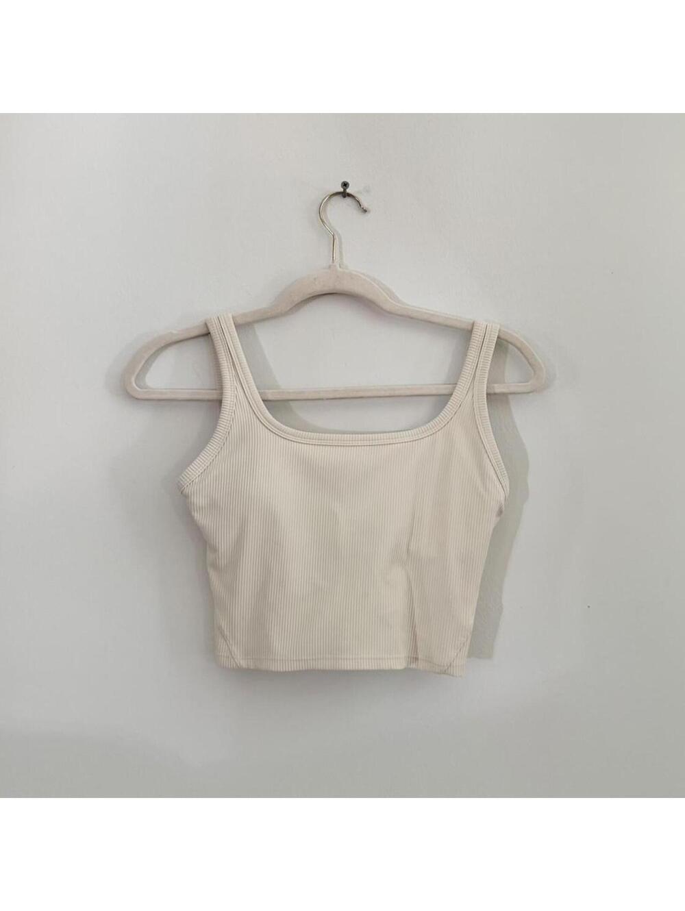 Cream Ribbed Cropped Tank with Build in Bra
